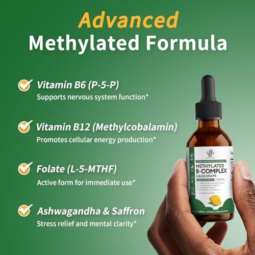 iMATCHME Methylated B Complex Liquid Drops - Max Absorption L-Methylfolate (L-5-MTHF), Vitamin B12 Methylcobalamin, B6 - with Ashwagandha & Saffron for Energy, Focus & Brain Health - Vegan, 2 Fl Oz - Thumbnail 4