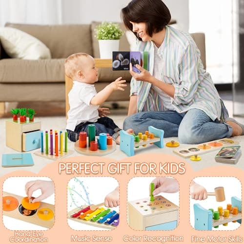 WOODMAM Wooden Montessori Toys for 1+ Year Old, 9 in 1 Learning Educational Toys for Toddler with Educational Box, Xylophone, Pound Bench, Shape Puzzle and More, Baby Toy Gift for 13-18 Months - Thumbnail 3