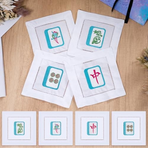 BruinBang 4 Pcs Mahjong Embroidered Napkins, 6 x 6 in Linen White Cocktail Napkins with Mahjong Patterns, Cloth Coasters for Party Game Night Bridal Shower Bar Favor Table Decoration Gift - Image 1