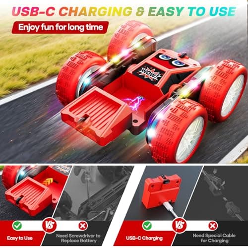 WayEee Remote Control Car, 360° Flips RC Stunt Car with LED Lights Strips, Type-C Charge Modular Battery, 2.4 GHZ Double Sided High Speed RC Cars for Boys Age 8-12 Girls 3+ Kids Toys Birthday Gifts - Thumbnail 3