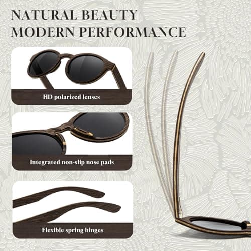 SUNGAIT Premium Walnut Wood Sunglasses Womens Classic Round Polarized Vintage Wooden Shades UV400 (Walnut Frame/Grey Lens) - Thumbnail 4