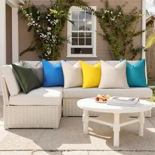 decorUhome Waterproof Faux Linen Outdoor Throw Pillow Covers 18x18 Inch Set of 2 Decorative Vibrant Farmhouse Pillow Cases with Flange Edges for Summer Couch Garden Patio Balcony Porch, Aqua Blue - Thumbnail 5