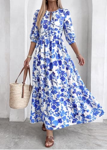 KIRUNDO Women Summer Beach Vacation Wedding Guest Dresses 2026 Spring Boho Floral 3/4 Sleeve Loose Cruise Flowy Maxi Dress(Blue, Small) - Thumbnail 5