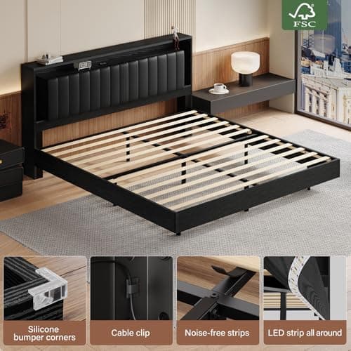 Belffin Floating Bed Frame King Size with LED Lights & Charging Station, Wooden Headboard with Hidden Storage and Faux Leather Backrest, Easy Cleaning, No Box Spring Needed, Noise-Free, Black - Thumbnail 6