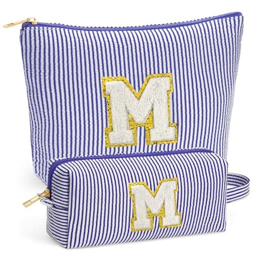 Fohufo Initial Cosmetic Bag Set - Travel Bag Makeup Pouch, Makeup Bag with Zipper Make up Kit Preppy Stuff Birthday Gifts for Women Travel Essentials Travel Bag, Blue Letter M - Image 1