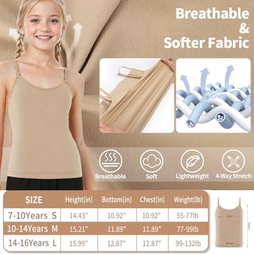 iMuchic Camisole Tank Tops for Girls, Stretch Undershirts Comfortable Camis with Clear Straps and Silicone Cover (US, Alpha, Large, Regular, Regular, Beige) - Thumbnail 2