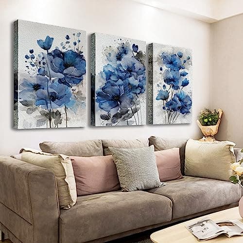 Blue Flowers Canvas Wall Art for Bedroom Home Decor - Artwork for Wall, Abstract Floral Wall Decor Print -Bathroom, Living Room, Kitchen Decor - Ready to Hang 3 Patchwork, 12x16inchx3pcs - Image 1