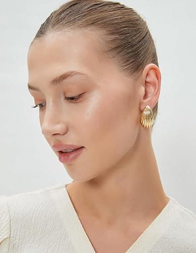 Jurikko Teardrop Gold Chunky Hoop Trendy Earrings for Women, Shell Hollow Hyperallergenic 14K Gold Plated Drop Earrings Fashion Jewelry Gift - Thumbnail 5