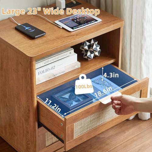 LEYAOYAO Rattan Nightstands Set of 2 with Charger Station, 23" Wide Boho Night Stand with 2 Drawers, Natural Wood Bedside Table Open Shlef, Bed Side End Table Dresser for Bedroom, Living Room Hallway - Thumbnail 5