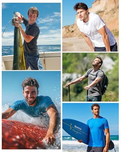 Men's UPF 50+ Swim Shirts, Sun Protection Short Sleeve Rash Guard, Quick Dry T-Shirt for Fishing and Surfing White - Thumbnail 6