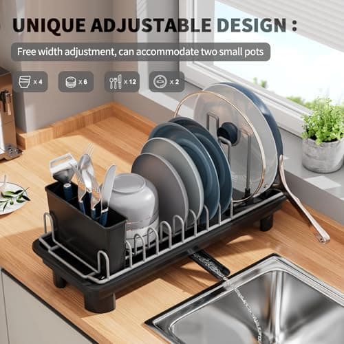 SanDream Small Dish Drying Rack with Removable Utensil Holder & Anti-Scratch Base - Stainless Steel Dish Rack, Dish Drying Rack with Drainage & Space Saving Design for Kitchen Counter, Black - Thumbnail 4