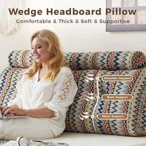 ZERALIVEN Boho Headboard Pillow for Full, Large Triangular Wedge Pillow for Headboard Gap, Daybed for Sitting Up in Bed, Couch or Sofa with Removable Washable Cover and Side Pockets, Twilight Bloom - Thumbnail 2