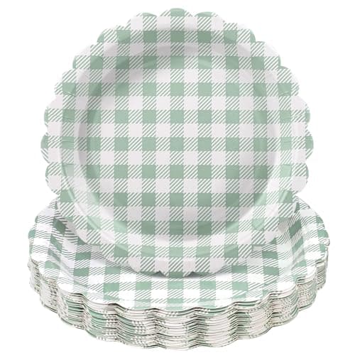 NatNarr 30 Pcs Sage Green Gingham Plates, 9 Inch Easter Paper Plates Scalloped Green Gingham Party Supplies Plaid Dessert Dinner Party Plate for Picnic, Baby & Bridal Shower, Wedding - Image 1