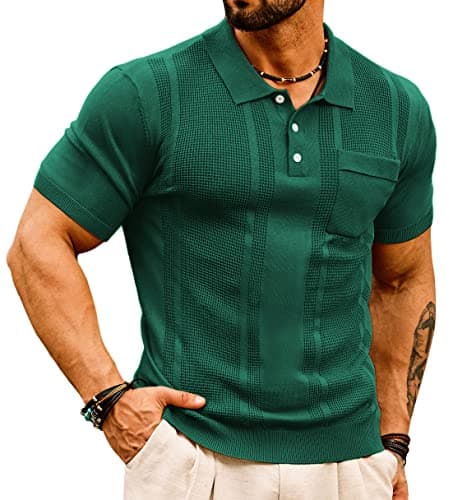 Mens 70s Knit Polo Shirts Short Sleeve Vintage Sweater Polo Summer Casual Shirts Golf Pullover Deep Green 2XL - Image 1