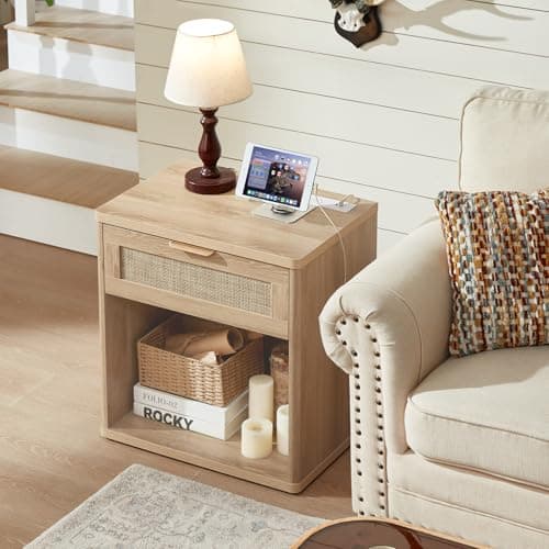 LEYAOYAO Rattan Nightstands Set of 2 with Charging Station, 23" Wide Boho Night Stand with Drawer, Natural Wood Bedside Table Open Cabinet, Bed Side End Table Dresser for Bedroom, Living Room, Hallway - Thumbnail 2