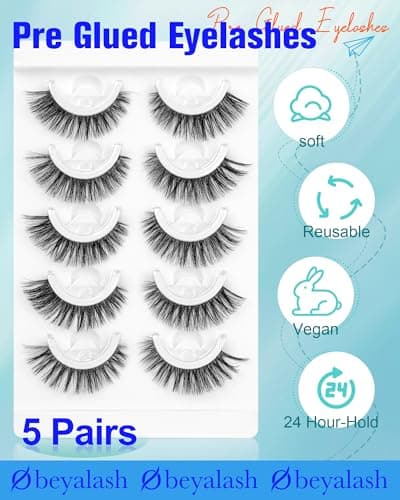 Waterproof Self Adhesive Falase Eyelashes, 5 Pairs Natural Look Stick on False Eyelashes, Pre Glued Lashes, No Glue Needed, Wispy Glueless Lashes Reusable and Comfortable by Obeyalash (705) - Thumbnail 2