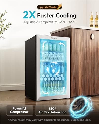 EUHOMY Mini Fridge 130 Can Beverage Refrigerator Cooler Glass Door for Soda Wine Beer, Beverage Cooler for Home, Bar, Office with Digital Temperature Control Adjustable Shelves, 3.2 Cu.Ft, Silver - Thumbnail 2