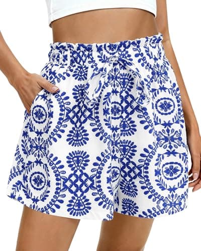 BTFBM Womens Shorts Dressy Casual Summer Spring Outfits 2026 Floral High Waist Wide Leg Loose Boho Vacation Beach Shorts(Blue, Small) - Image 1