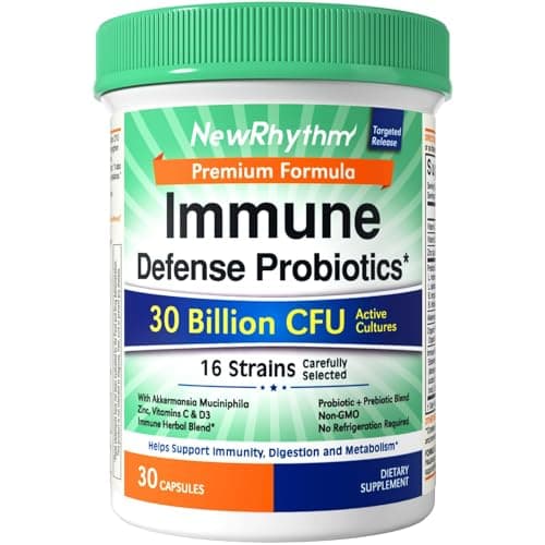 NewRhythm Probiotics for Immune Support, Akkermansia Probiotic Supplement for Women & Men, 30 Billion CFU 16 Strains, Plus Zinc, Vitamin C & D3, Elderberry & Echinacea, Non-GMO, 30 Capsules - Image 1