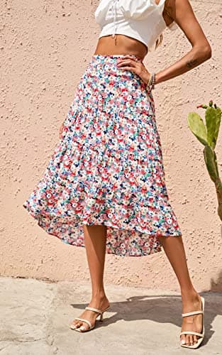 PRETTYGARDEN Ditzy Floral Skirt Midi Boho Elastic High Waist Skirt A-line Long Vintage Skirts for Women Pleated Skirt (Blue Red,Medium) - Thumbnail 3