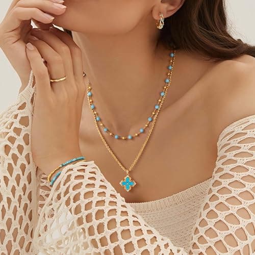 Fettero Dainty Gold Necklace for Women - Double Sided Pendant Necklace 14K Gold Plated Charm Clover Necklace Gold Plated Jewelry -Turquoise - Thumbnail 6