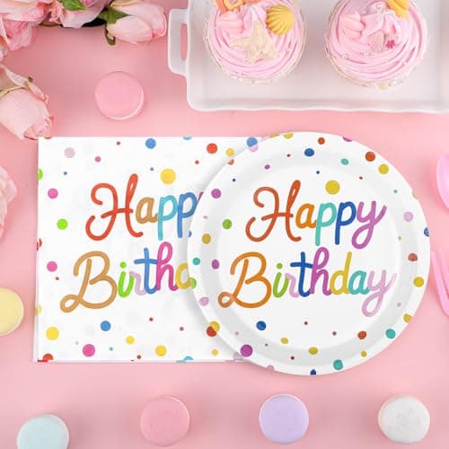 NatNarr 50 Pcs Happy Birthday Paper Plates and Napkins, 7 Inch Colorful Polka Dot Birthday Cake Dessert Plates Disposable Tableware Set for Birthdays Party Decorations, 25 Guests - Thumbnail 2