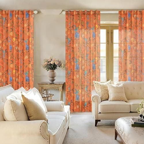 JOOJA Bird Floral Curtains 2 Panels 96 Inches Long Vintage Boho Patterned Terracotta Whimsical Living Room Colorful Linen Blend Printed Window Curtains for Bedroom Kitchen - Thumbnail 5