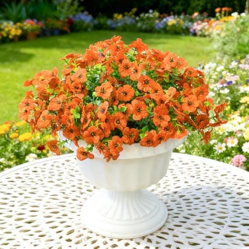 Artificial Flowers for Outdoor Indoor Garden Home Decoration, 12 Bundles Faux Flower Mums with Eucalyptus Leaves Realistic Faux Plants, Spring Decor for Porch Patio Balcony Planter Yard(Orange) - Image 1