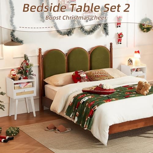 Lerliuo Rattan White Night Stand with Drawer Open Shelf, Cane Accent Nightstand Bed Side End Table with Solid Wood Legs, Boho Nightstands Bedside Tables for Bedroom Living Room Dorm and Small Spaces - Thumbnail 5