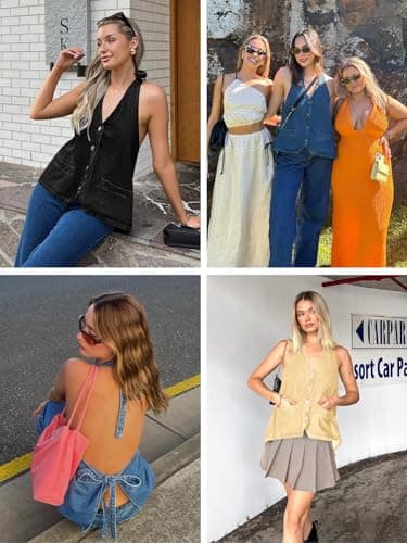 Tankaneo Womens Halter Denim Vest Tops Summer Open Back Y2K Going Out Tank Tops V Neck Button Down Jean Shirts - Thumbnail 6