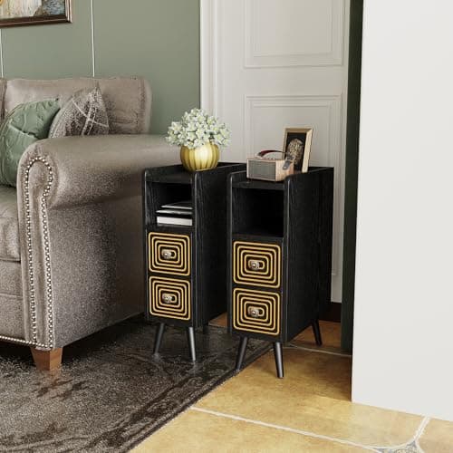 ALWXIA Nightstand Set of 2,Wooden Nightstand with Double Drawers and Open Storage Compartments,Carved Craft,Suitable for Bedroom,Living Room,Guest Room (Narrow nightstand-Black-03, 2 Packs)