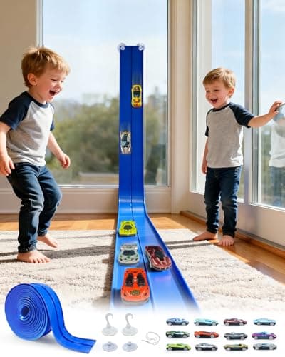 15 Ft Flexible Race Car Track Double Lane– Rolls Up Racetrack Compact, Compatible with Diecast 1/64th Cars, Outdoor Flex Track Gift for Ages 3 & Up-Blue - Image 1