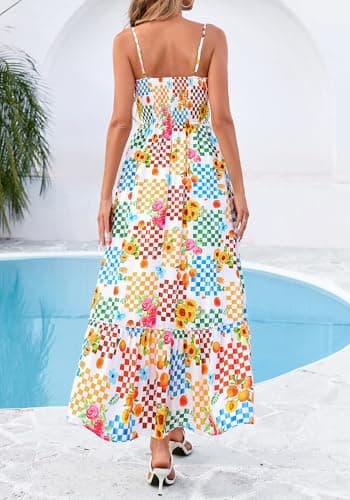 BTFBM Summer Dresses for Women 2026 Sundresses Sleeveless Spaghetti Strap Boho Beach Vacation Outfits Spring Maxi Dress(Floral Plaid Multicolored, X-Large) - Thumbnail 3
