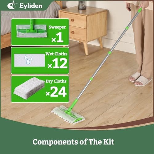 Eyliden Sweeper Mop with 36 Refills - 3 Types of Disposable Dry & Wet Cloths | Lock-Tight Design No Lost Pads, Universal Refills, Multi-Surface Sweeping Starter Kit for Pet Hair, Dust, Floor Cleaning - Thumbnail 6