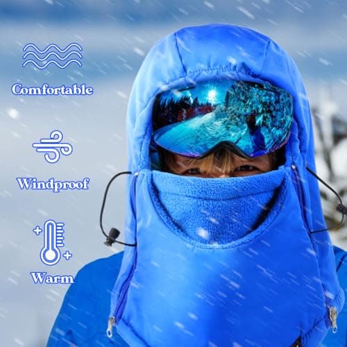 Labeol Kids Balaclava Ski Mask, Blue Winter Waterproof Thick Warm Fleece Face Cover with Adjustable Zippers for Boys Girls - Thumbnail 4