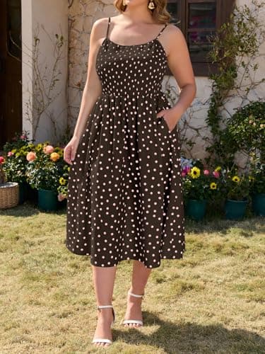 Beautife Women's Plus Size Midi Dress Summer Polka Dot Square Neck Long Dresses Spaghetti Strap Smocked Beach Sundress - Thumbnail 2