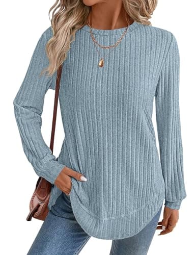 Long Sleeve Sweaters for Women Crew Neck Casual Fall Tops Loose Fit Lightweight Tunic Shirts Fashion 2025 Clothes (Blue, XX-Large) - Image 1