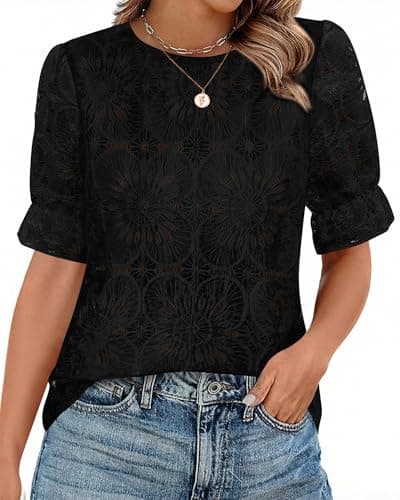 KIRUNDO Lace Tops for Women Blouses Dressy Casual Boho Eyelet Puff Short Sleeve Shirts Spring Summer Clothes Vacation Outfits(Black, Medium) - Image 1