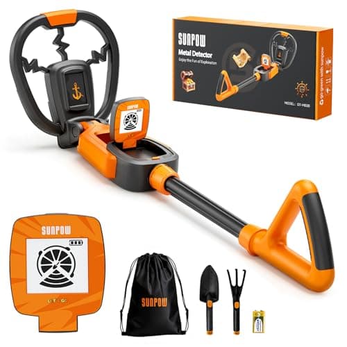 SUNPOW Kids Metal Detector with Treasure Animation & Waterproof Coil - Adjustable Stem (23.6”-27.6”) - Kit Includes Shovel, Rake, Bag - Ideal Gift for Boys & Girls 6-12 for Beach, Park, Backyard -MD20 - Image 1