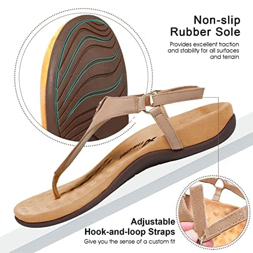 Athlefit Women's Comfortable Orthopedic Sandals Thong Dressy T-Strap Orthotic Casual Summer Arch Support Khaki Sandals size 8 - Thumbnail 6
