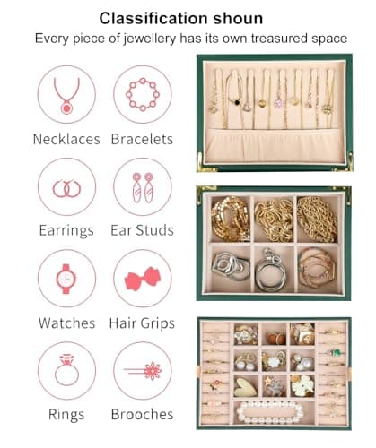 ASINGYER Small Jewelry Organizer for Women, 2-Layer Travel Jewelry Box with Portable Case, Necklace Ring Storage for Dresser, Girls Teens Gifts (Green) - Thumbnail 4