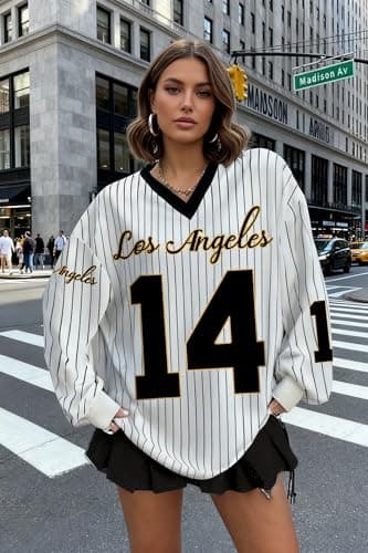 Jersey Shirts for Women Oversized Jersey Sweatshirts V Neck Striped Long Sleeve Casual Y2k Baggy Streetwear Tee Tops White-Black - Thumbnail 2