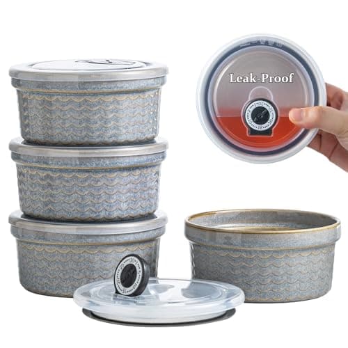 Ceramic Small Baking Dishes for Oven, 12oz Meal Prep Containers Charcuterie Bowls with Lids, Creme Brulee Ramekins Set, Pudding Custard Cups Fruit Souffle Bowls Set of 4, Grey Ripple - Image 1