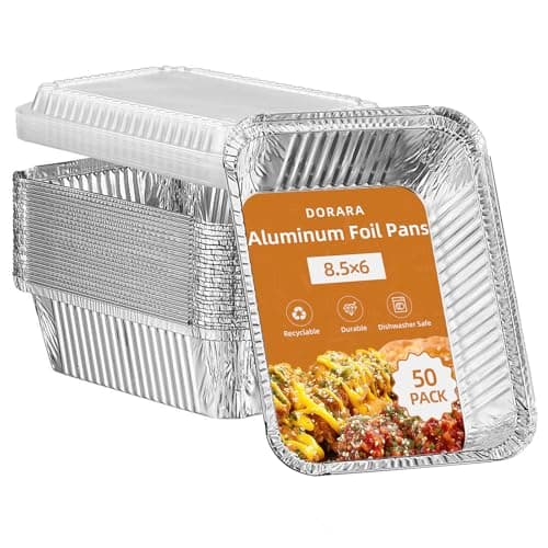 DORARA 8.5x6 Aluminum Pans with Lids - 50 Pack 2.25 LB Foil Pan For Cooking, Heating, Baking Cakes, Storing, Take Out, Roasting or Homemade Breads - Aluminum Baking Pans Disposable - Bottom: 6.8x4 - Image 1