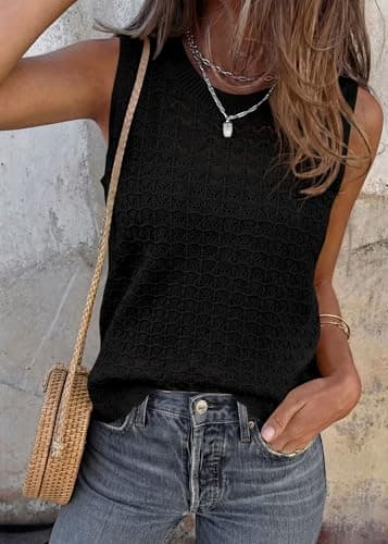 KIRUNDO Crochet Tops for Women 2026 Spring Summer Sleeveless Sweater Vest Tank Top Knit Pullover Beach Vacation Outfits (Black, Small) - Thumbnail 5