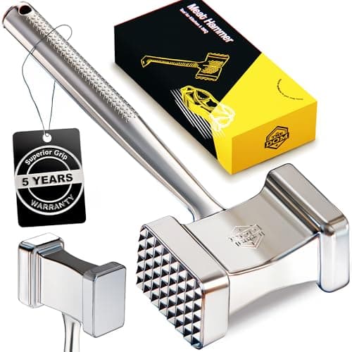 Stainless Steel Meat Mallet Hammer Tenderizer, Textured Grip Meat Mallet Tenderizer, 1.1lb Single-Piece Chicken Pounder, Large Surface Meat tenderizer Tool, 5-Year Warranty, Ablandador de carne - Image 1