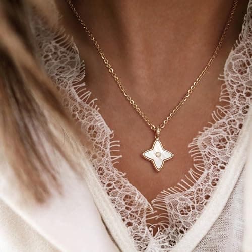 MYEARS Women Clover Necklace Pendant Mother of Pearl Cubic Zirconia 14K Gold Simple Dainty Chain Everyday Trendy Lucky Jewelry - Thumbnail 2