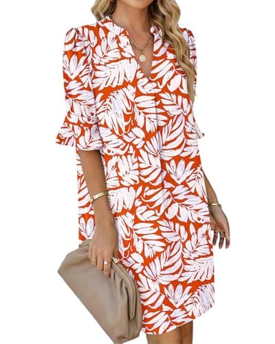 AUSELILY Women Work Dresses V Neck Ruffle Short Sleeve Office Shift Dress, Leaf Red M - Image 1