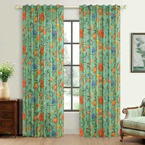 JOOJA Green Floral Linen Curtains, Boho Whimsical Bird Print Curtains for Bedroom Window Colorful Patterned Sheer Curtains for Living Room Kitchen 2 Panels 96 Inches Long - Image 1
