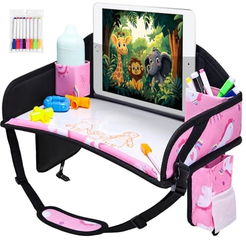 WENRENER Kids Travel Tray, Car Seat Tray for kids Travel, Toddler Road Trip Essentials With Drawing Kit, Toddler Lap Desk Organizer for Car, Carseat Table for Airplane - Image 1